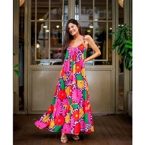 Bardoh Dopamine Vibrant 70s Floral Relaxed Tierred Ruffle Maxi Dress Bra…